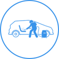 A blue icon of a person pulling a car.